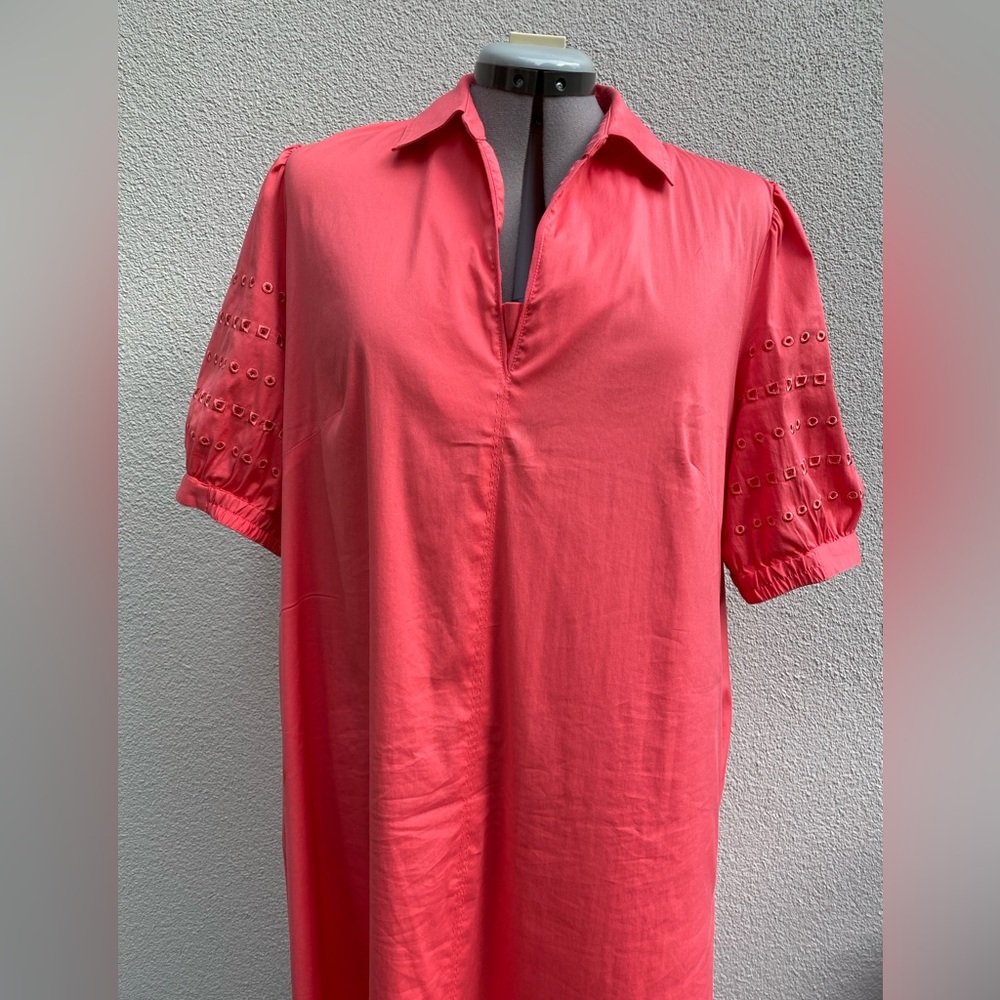 Chico’s Coral Eyelet Puff Sleeve A-line V-Neck Summer Midi Dress size XL